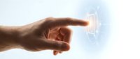 Human hand touching glowing digital interface button with futuristic holographic display on white background for technology and innovation concepts.