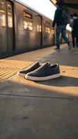 Black sneakers abandoned on subway platform with train and commuters in blurred background during golden hour lighting for urban lifestyle concepts.
