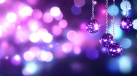 Shimmering purple disco balls and crystal chains against blurred bokeh background in pink and blue tones create magical party atmosphere.