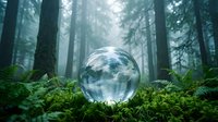 Crystal sphere reflecting misty forest environment surrounded by lush green ferns and towering trees in atmospheric woodland setting for nature concepts.