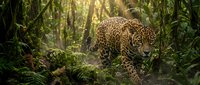 Majestic jaguar prowling through dense tropical rainforest with dappled sunlight filtering through lush green vegetation and jungle foliage.