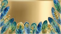 Luxurious golden background with ornate blue and teal feathers border frame for elegant design projects and premium branding materials.