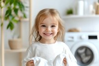 Young blonde girl smiling while holding clean white laundry in bright modern laundry room with washing machine and houseplants, representing home chores and family life.