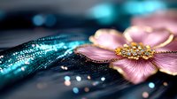 Delicate pink flower brooch with golden details and crystals on dark background with glittering turquoise sparkles and bokeh lights creating magical atmosphere.