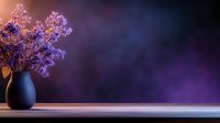 Purple lilac flowers in dark ceramic vase against dramatic purple background with copy space, moody atmospheric lighting creates elegant composition.
