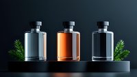 Luxury glass bottles with amber and clear liquids on black shelf with pine branches, dramatic dark background for premium product presentation.