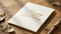Elegant white greeting card with gold Happy Birthday text on wooden surface surrounded by dried autumn leaves for celebration occasions.