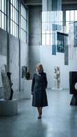 Woman in dark coat walking through contemporary art gallery with sculptures and installations, suitable for business, culture, and lifestyle editorial use.