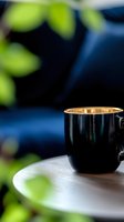 Black ceramic cup with golden interior on white surface against dark background with blurred green leaves, creating serene morning atmosphere.