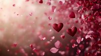 Red glitter hearts floating among falling rose petals against soft blurred background, romantic Valentine's Day composition with bokeh effect and dreamy atmosphere.