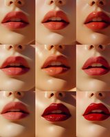 Close-up collage of glossy red lips with different makeup styles and lighting effects showing various lipstick shades and textures on fair skin tone.
