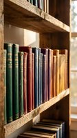 Vintage books arranged on wooden library shelves with warm natural lighting creating cozy reading atmosphere for education and literature projects.
