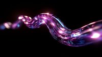 Glowing purple and blue wave-like formation with luminous particles flowing through transparent curved stream against dark background. Suitable for technology concepts.