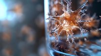 Microscopic view of orange virus cell with spiky surface floating in blue liquid environment, scientific visualization showing detailed molecular structure.