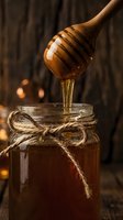 Golden honey dripping from wooden dipper into glass jar with rustic twine bow against warm blurred background for natural organic food packaging.