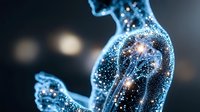 Glowing blue silhouette of human torso with network of light dots and connections representing digital transformation of body and artificial intelligence concept.