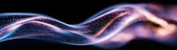 Glowing particles forming smooth wave pattern against black background, luminous pink and blue light trails creating ethereal flowing motion effect.