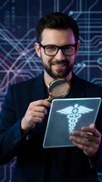 Professional Caucasian male doctor with glasses examining medical caduceus symbol on digital tablet with magnifying glass against futuristic technology background.
