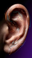 Futuristic human ear with glowing circuit patterns and neon lights showing advanced hearing technology and bionic enhancement concepts for medical innovation.