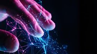 Glowing neon fingers with pink and blue light trails connected by digital network lines, representing technology, artificial intelligence, and digital transformation concepts.