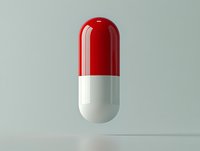 Red and white medical capsule pill on light background with soft shadow and reflection, isolated pharmaceutical object for healthcare concepts.