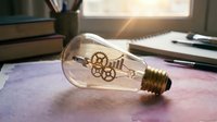 Vintage light bulb with exposed filament and gears inside on desk with books and sunlight streaming through window creating warm atmospheric lighting.