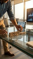 Business analyst arranging wooden letter blocks spelling TREND ANALYSIS on glass desk in modern office with data charts displayed on computer screens.