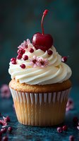 Vanilla cupcake topped with swirled buttercream frosting, fresh cherry, pink cherry blossoms and red currants against dark turquoise background. Food photography.