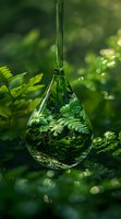 Glass terrarium in teardrop shape hanging among ferns, reflecting green forest environment with soft bokeh background for nature conservation concept.