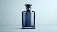 Elegant dark blue glass bottle with black stopper on minimal light background, luxury fragrance container for cosmetic and perfume packaging design.