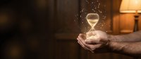 Hands holding glowing hourglass with flowing sand and sparkles against warm interior background, symbolizing time management and deadline concept.