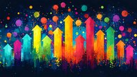 Vibrant multicolored arrows pointing upward against dark background with colorful paint splatter effect creating dynamic business growth visualization for presentations.