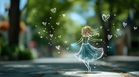 Dancing girl silhouette with flowing dress and hair surrounded by magical hearts and sparkles on blurred nature background, artistic fantasy illustration.
