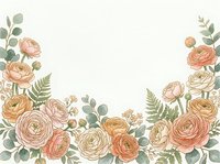 Watercolor floral border with peach and blush ranunculus, roses, ferns, and eucalyptus on white background for wedding stationery.