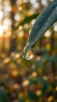 Morning dew water droplet hanging from green leaf with golden sunlight bokeh background creating peaceful nature scene for wellness and freshness concepts.