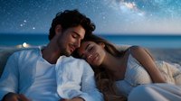 Young romantic couple relaxing under starry night sky, lying together on beach blanket near ocean. Milky way and moonlight create dreamy atmosphere.
