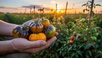 Hands holding colorful heirloom tomatoes in organic vegetable garden at golden hour sunset. Fresh harvest from sustainable farming with greenhouse backdrop.