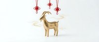Golden goat figurine with red ornaments and decorative elements on white background, suitable for holiday designs and festive marketing materials.