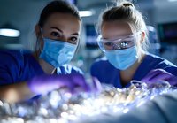 Female medical professionals in protective masks and eyewear examining laboratory samples in modern research facility with dramatic blue lighting.