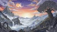 Fantasy landscape with mystical mountains, ancient tree and celestial sky at twilight. Magical realm with dramatic peaks, glowing moon and ethereal clouds in purple hues.