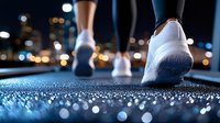 Close-up of athletic shoes on wet pavement during night run with city lights creating bokeh effect in urban environment for fitness motivation.
