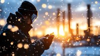 Person in winter coat checking smartphone during snowfall at dusk, industrial silhouettes and warm city lights creating atmospheric urban scene.