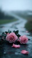 Pink roses with water drops lying on wet surface against blurred rainy road background, moody atmospheric composition with scattered petals and dark tones.