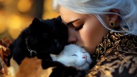 Young blonde woman tenderly nuzzling black and white cat in warm golden light. Intimate pet bonding moment perfect for animal care, companionship concepts.