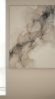 Abstract fluid art painting with flowing organic forms in neutral beige and gray tones displayed in modern minimalist interior frame for contemporary decor.