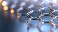 Molecular hexagonal structure of graphene with bokeh light effects on blue background. Scientific visualization of carbon nanotechnology and materials science.
