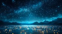 Magical night landscape with glowing lanterns floating on lake surface against mountain silhouettes under starry sky with bright nebula and constellations.