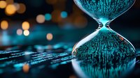 Digital transformation concept with hourglass and glowing blue particles flowing through glass on dark background with bokeh lights and binary code.
