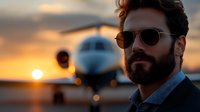 Confident businessman with beard and sunglasses standing at private jet during golden sunset. Luxury travel and success concept for business advertising and lifestyle content.