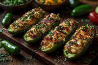 Baked jalapeno peppers stuffed with melted cheese and meat mixture, topped with fresh herbs and spices on rustic wooden board, close up view in natural light.